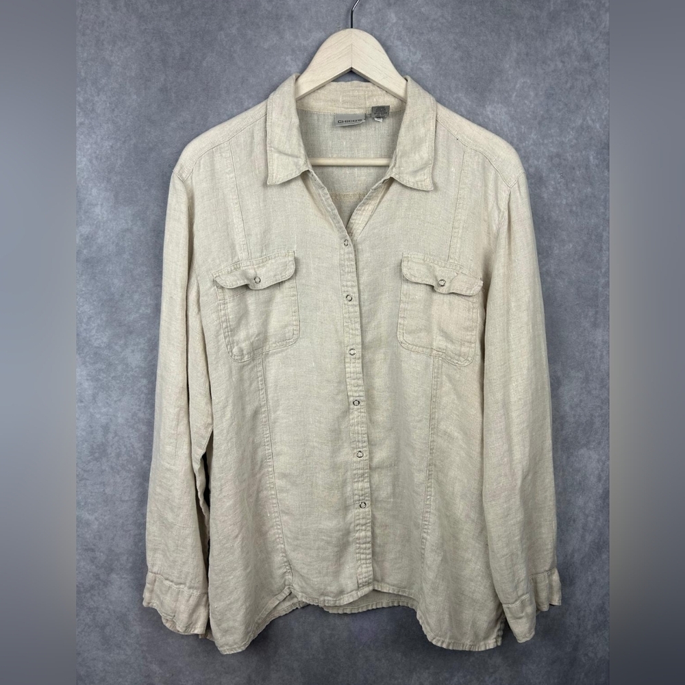 Chico’s 100% Linen Lagenlook Blouse Shirt‎ Button Down Woman Size 3/XL
